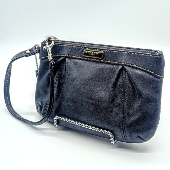 Vintage Coach Blue Black Pleated Leather Wristlet - Picture 1 of 10